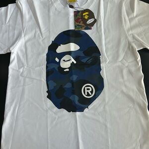 Bape White Tee with Blue Camo Ape Head